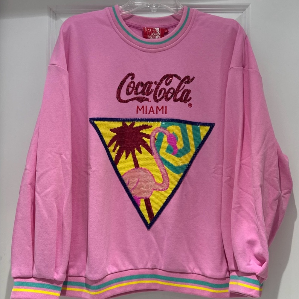🌴🦩NWOT Queen Of Sparkles XS Sequined Coca-Cola Miami Flamingo Sweatshirt